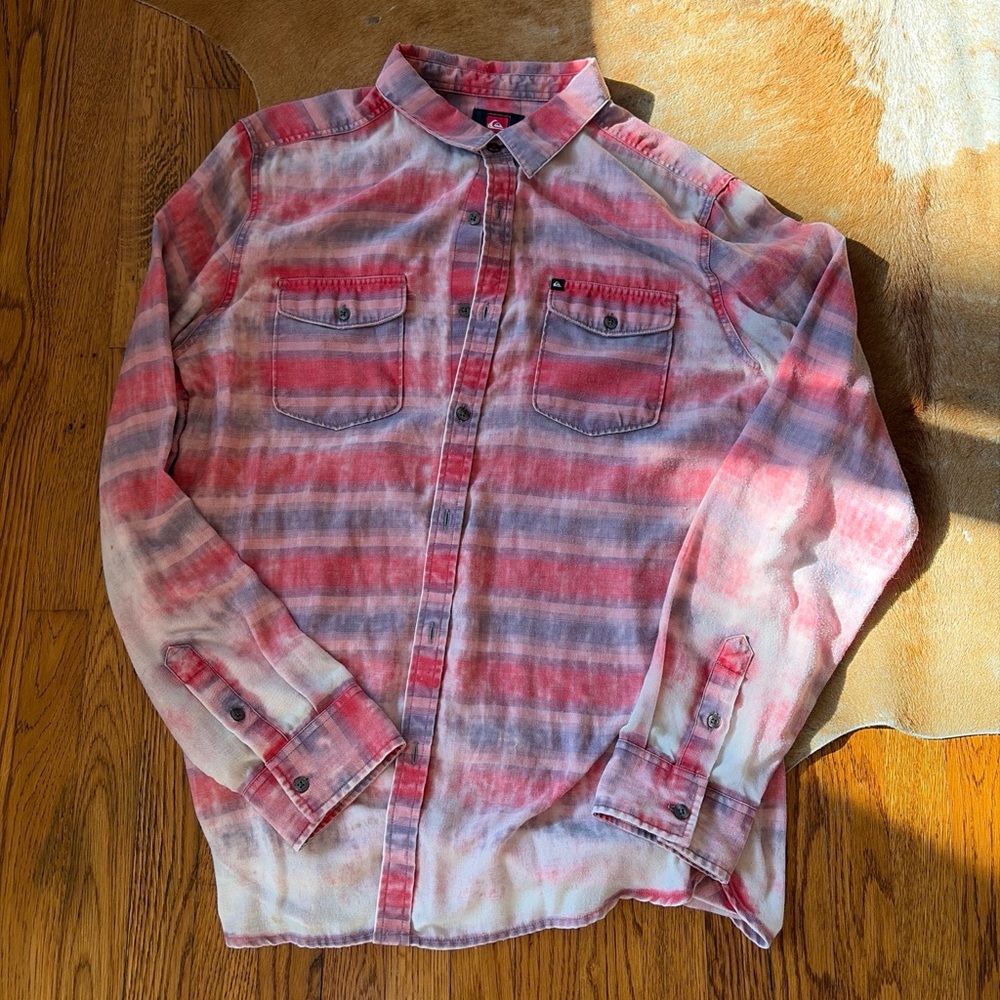 Quiksilver Red and White Striped Distressed Button-Down Shirt
